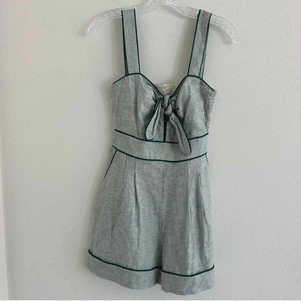 Caroline Constas Green-Trim Striped Cotton Romper